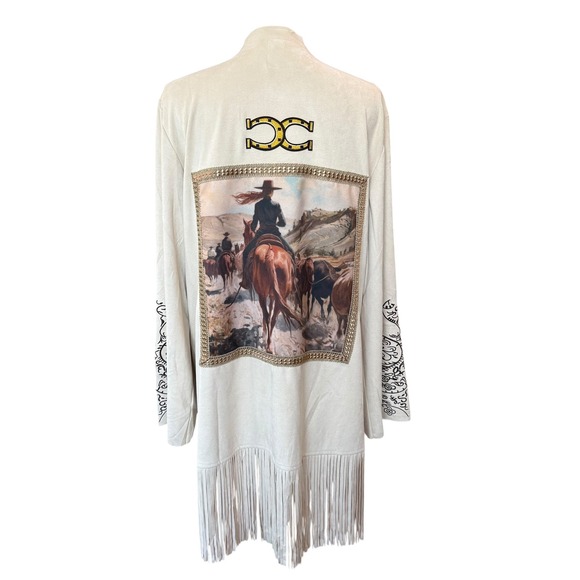 Vocal Sweaters - Vocal Lesal Upcycled Western Faux Suede Fringe Cardigan Cowgirl Graphic XL Cream